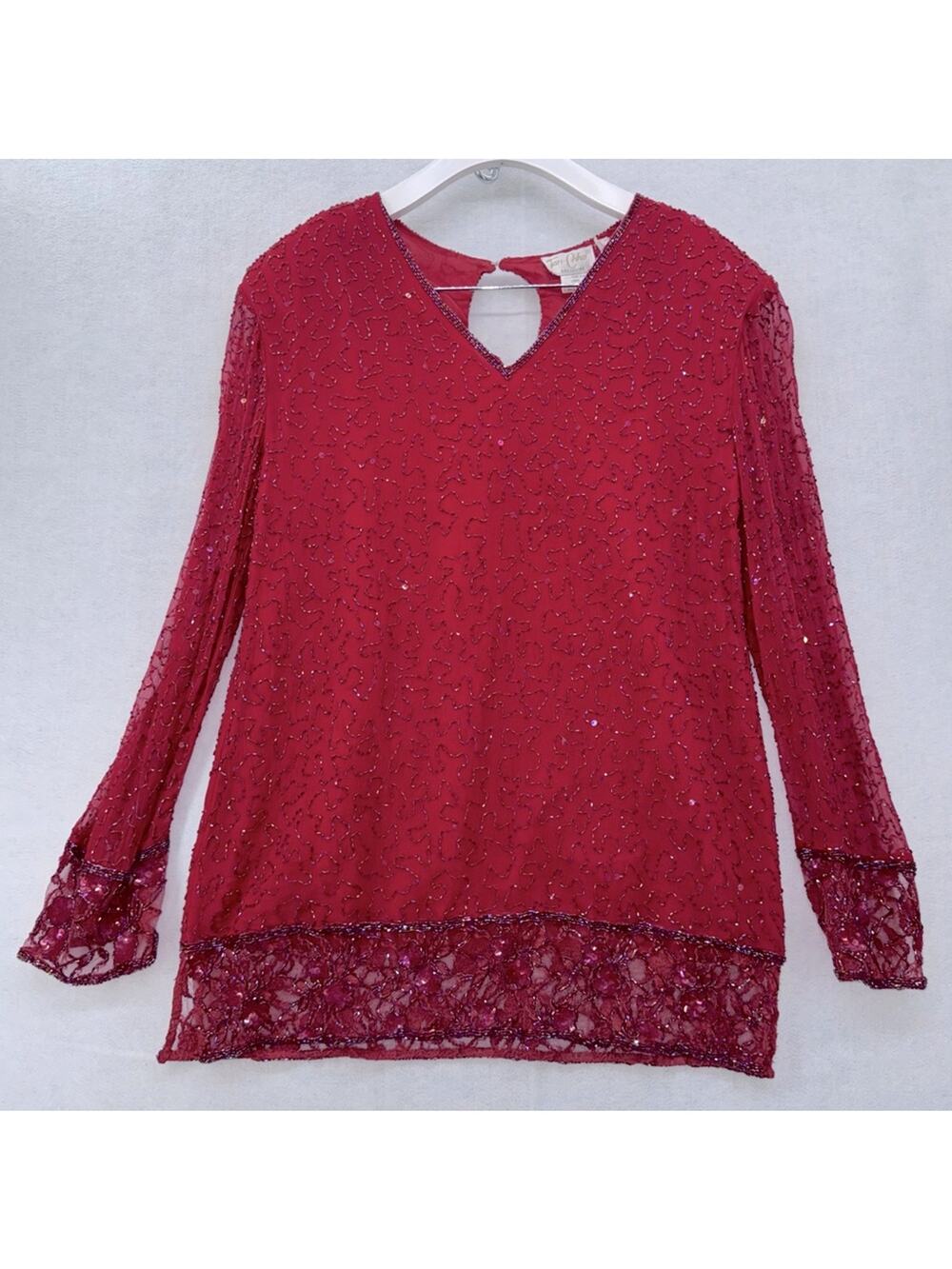 Vintage Women’s Tan-Chho 100% silk Beaded Long Sheer Sleeve Blouse Red Small